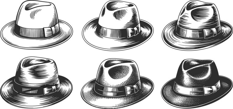 Vintage Fedora Hat Vector Set with Six Detailed Black and White Styles for Fashion, Clothing, and Accessory Illustration Designs