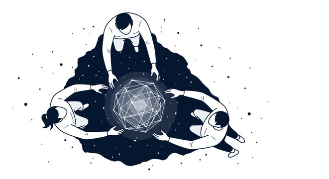 Three people meditating in circle with sacred geometry