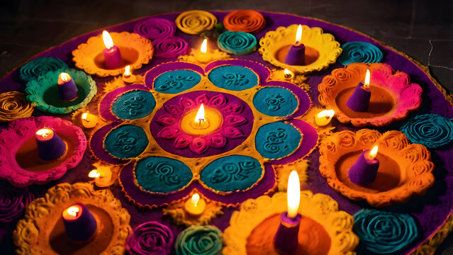 Beautiful Diwali rangoli pattern with colorful powders and glowing lamps top view vibrant festive colors
