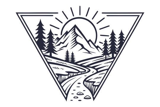 Mountain landscape with road and trees in a triangular frame at sunrise