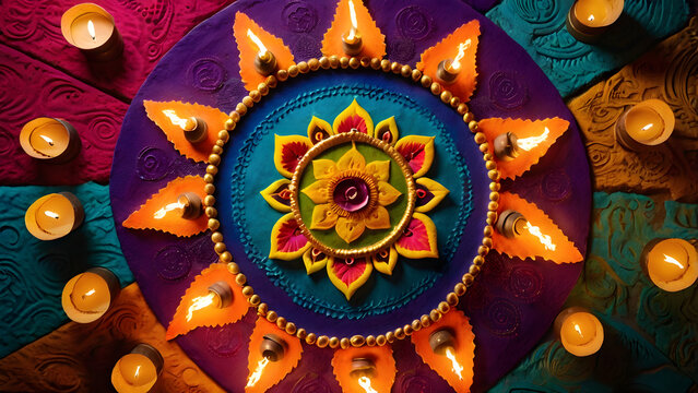 Beautiful Diwali rangoli pattern with colorful powders and glowing lamps top view vibrant festive colors