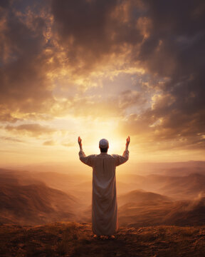 Spiritual Muslim Man Praying with Raised Hands at Sunrise in Mountain Landscape