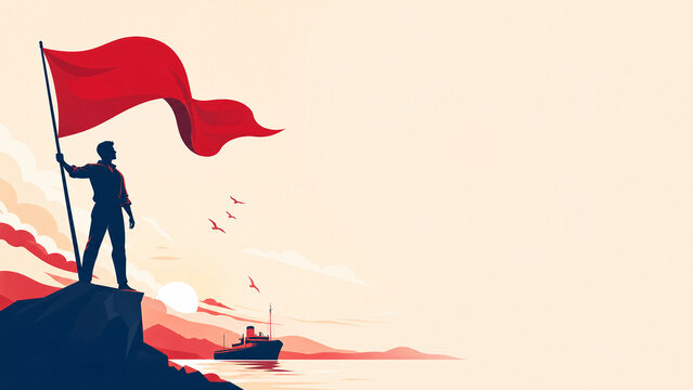 Man holding large red flag standing on cliff edge during sunrise overlooking ocean with ship in background for leadership success and revolutionary concept