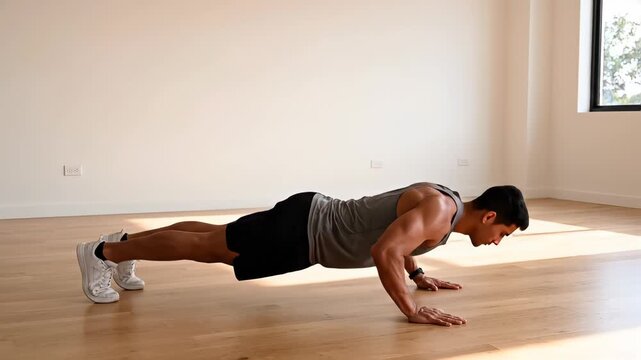 Man performing bodyweight exercises. Controlled squat to push-up transition in a bright studio. Fitness workout routine