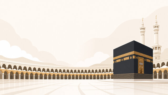 Minimalist vector illustration of the Holy Kaaba in the Great Mosque of Mecca during daytime under a soft sky for Islamic religious holidays like Ramadan and Hajj.
