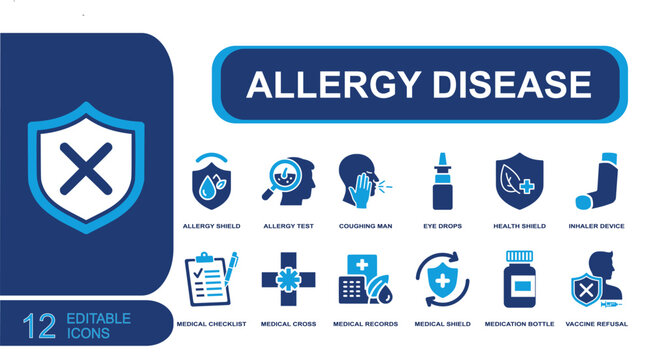 Allergy disease icon set. Containing allergy shield, allergy test, coughing man, eye drops, inhaler device, medical cross, medicine bottle, vaccine refusal and more. Solid fill vector icons.
