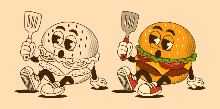 Retro burger cartoon mascot vector in color and line art style holding spatula with vintage fast food character look for sticker poster and menu design