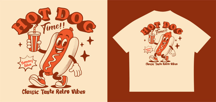 Retro hot dog cartoon mascot vector for t shirt design with vintage lettering soda cup playful fast food character and classic diner streetwear style