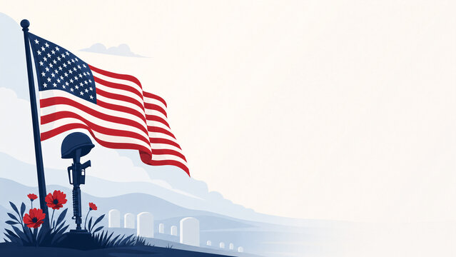 Minimalist illustration of the United States flag waving above a soldier's helmet on a rifle with red poppies in a cemetery for Memorial Day and Veterans Day honors.