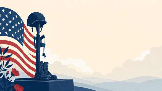 Fallen soldier memorial cross with helmet rifle dog tags and combat boots against a waving American flag for Memorial Day or Veterans Day remembrance and military honors