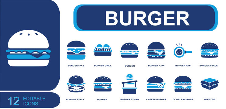 Burger icon set. Containing burger face, burger grill, burger pan, burger stand, cheese burger, double burger, take out, burger stack, fast food meal and more. Solid fill vector icons.
