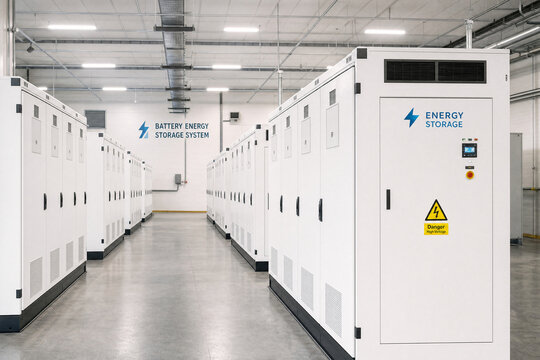 Modern indoor battery energy storage system facility with rows of white power units and high voltage warning signs for renewable energy management in a clean industrial setting.