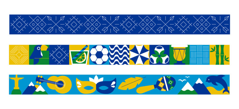 Geometric border set with Brazil symbols and travel icons. Creative frame and bookmarks