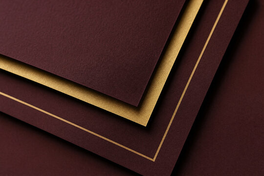 Elegant burgundy and gold paper layers with textured surface and geometric shadows creating a sophisticated abstract background for luxury stationery and corporate design.