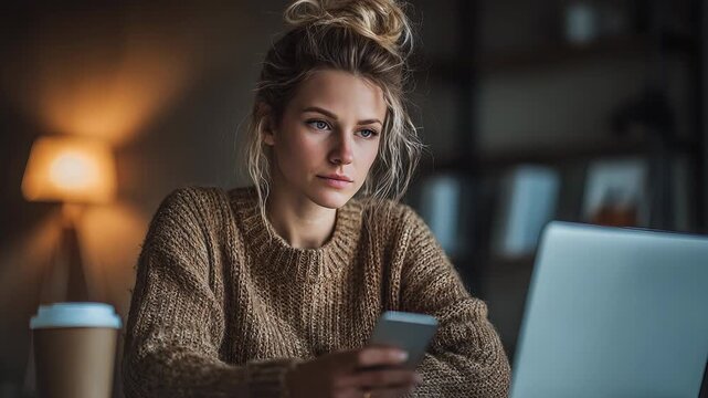 Serious woman using smartphone while working on laptop, modern multitasking workspace scene
