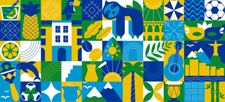 Seamless geometric Brazilian pattern and banner with Brazil icons, cultural symbols. Colorful mosaic background with simple shapes