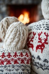Naklejka premium Two in cozy knit sweaters & knit hats, facing warm fireplace. Red/black reindeer & geometric on cream. Soft firelight highlights wool texture., intimate winter scene.