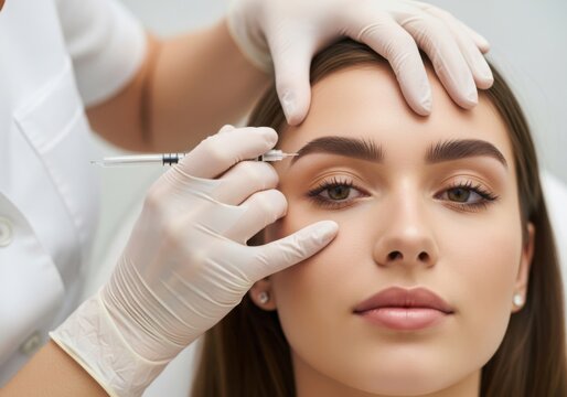 Professional beautician drawing eyebrow shape on woman face for microblading treatment in a beauty salon clinic