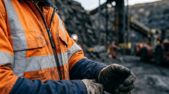 Man wearing orange high visibility jacket and protective gloves in coal mining site. Industrial worker in rugged terrain