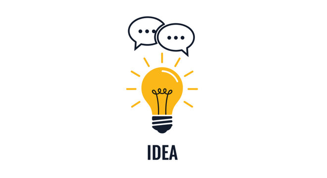 Yellow glowing light bulb illustration with the word IDEA and speech bubbles, symbolizing creativity and brainstorming.