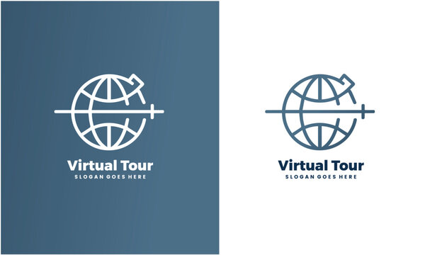 Virtual tour logo design with globe and crosshair elements