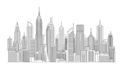 Obraz premium Detailed hand drawn sketch of a modern city skyline with skyscrapers.