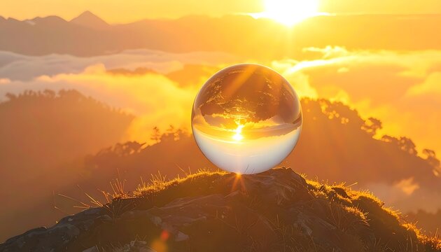 Glass sphere reflecting golden sunrise over misty mountain peaks and forests, a symbolic representation of new beginnings or global perspective