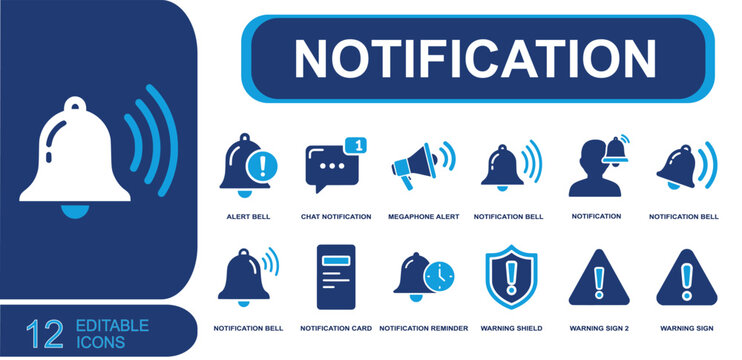 Notification icon set. Containing alert bell, chat alert, megaphone, reminder bell, warning shield, warning sign, message card, alarm, ringing bell and more. Solid fill vector icons.