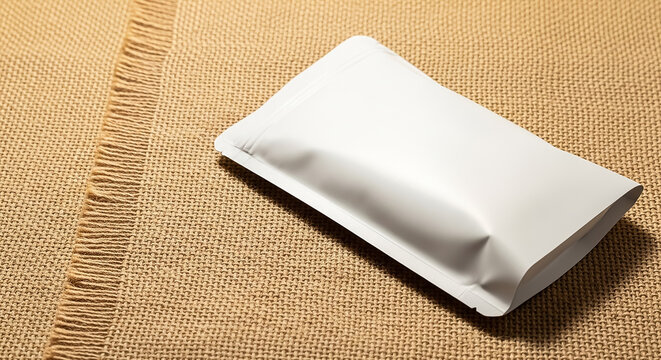 Empty white plastic pouch for food product packaging sits on a textured natural fabric surface in this professional studio photograph designed to showcase branding potential for a small business compa