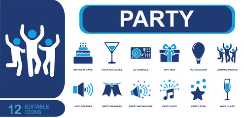 Party celebration icon set. Containing birthday cake, cocktail glass, DJ console, gift box, balloon, party crowd, loud speaker, party banners, wine glass and more. Solid fill vector icons. © Samad