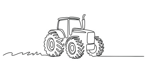 Continuous single line drawing of a farm tractor driving on the field for harvest © Monibala