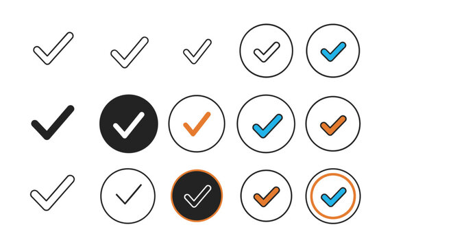 Extensive variety of checkmark symbols in different styles, colors, and enclosures for task completion status.