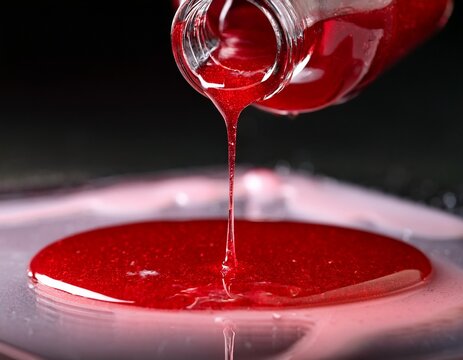 bright red grenadine syrup slowly pouring and drizzling onto a flat surface showing the thick sugary consistency and vibrant color red mixology viscous