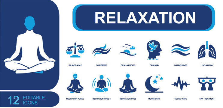 Relaxation icon set. Containing balance scale, calm breeze, calm landscape, calm mind, meditation pose, moon night, sound wave, spa treatment, lungs and more. Solid fill vector icons.