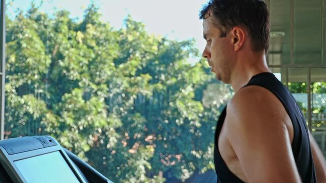 Adult man running on treadmill with exaggerated wide strides in home gym. Caucasian male exercising with fun expression, green trees background, cardio fitness workout, active lifestyle. Slow motion.