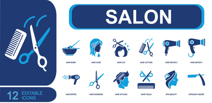 Hair salon icon set. Containing hair bowl, hair care, haircuts, hair cutting, hair dryer, hair scissors, hair styling, straight razor, spa beauty and more. Solid fill vector icons.