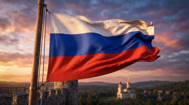 Majestic flag of Russia waving on a wooden pole against a dramatic sunset and ocean background, 3D illustration.