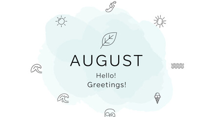 August Hello Greetings Watercolor Splash with Summer Icons © Usaha