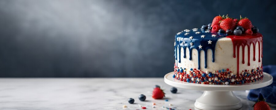 Patriotic red white and blue cake with berries on dark background, Independence Day dessert banner with copy space for text.