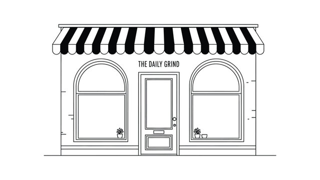 Black and white line art illustration of a coffee shop storefront.