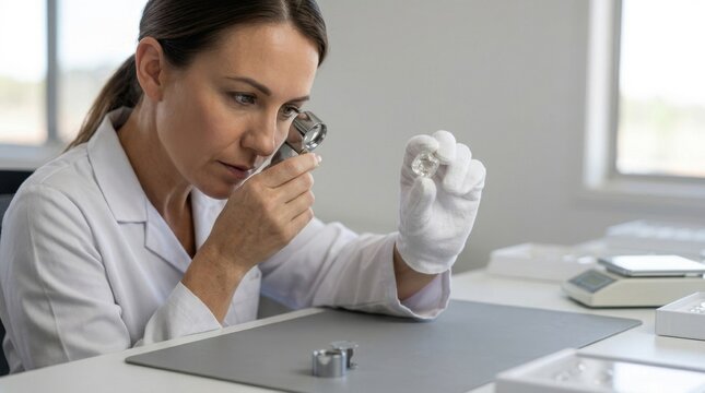 Woman examining rough diamond with loupe. Gemologist inspecting natural stone in laboratory. Precious gem evaluation for jewelry industry and mining concept.