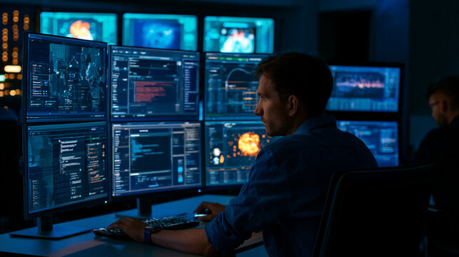 Professional Software Developer in Cybersecurity with Multimonitor Computer Setup for Real-Time Data Analysis and Coding Innovation