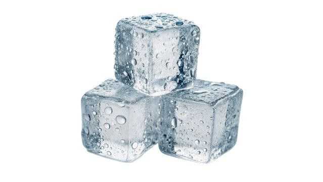 Stack of clear glass ice cubes for refreshing summer beverage drink and cool cocktail food concepts isolated on transparent background cut out