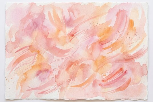 Abstract watercolor background with soft pink and orange brush strokes, ethereal peach wash on deckle edge paper, artistic pastel paint texture