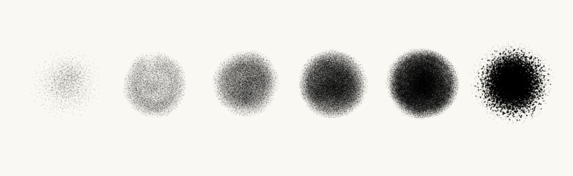 Set of circle spray gradient pattern with grain dot round frames and noise texture rings. Black and white dust circular borders, abstract solar eclipse style vector illustration. Noise texture rings.
