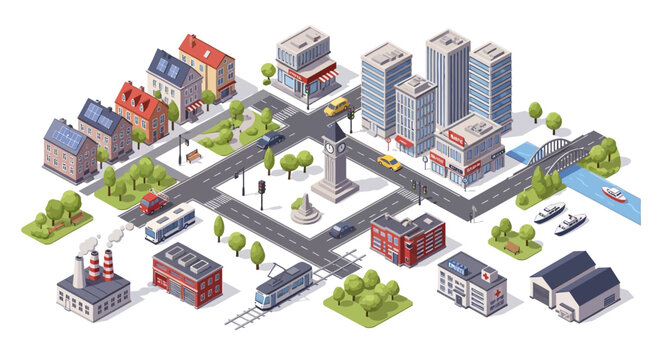 Isometric vector illustration set featuring urban architecture and business buildings from the city of Chicago and London including a street map with a factory plant house and apartment design