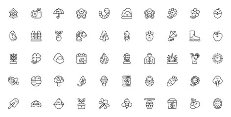 Spring icon set. Minimalist vector collection. Featuring birdhouse, snail, umbrella, butterfly, flower, rainbow, tree, bird, bee, ladybug, leaf, sun, rain boots, mushroom, chick, Easter egg and more. © wang