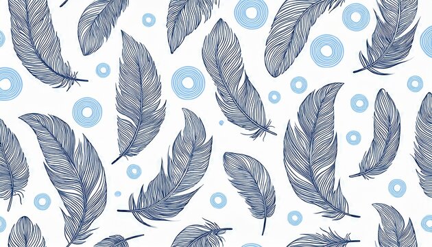 bohemian seamless pattern with hand drawn stylized bird feathers and soft blue circles on a white background for light design