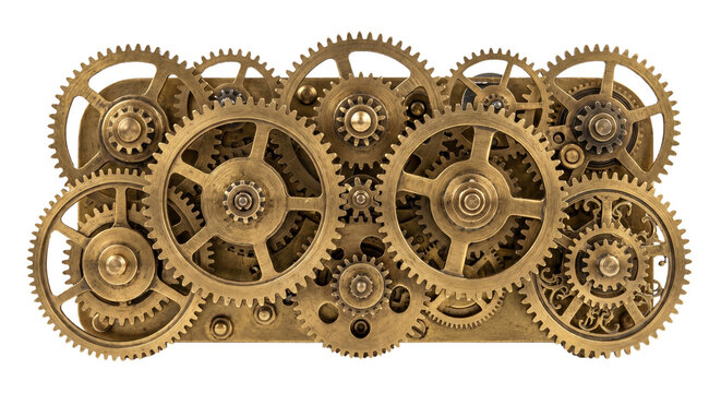 Intricate brass clockwork gears and cogs mechanism