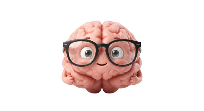 Cute smart brain character wearing black glasses
